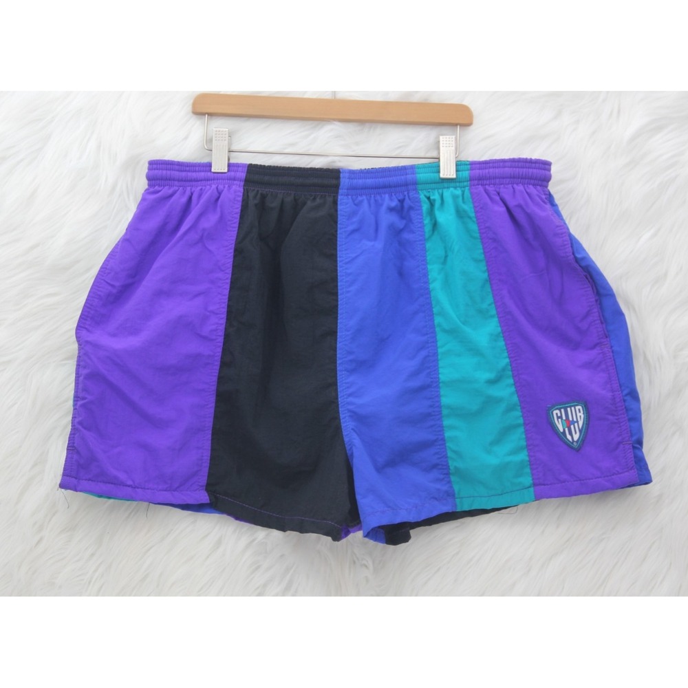 VTG Club Sportswear Swim Trunks USA Made 80s 90s Logo XL Color block w/ Pockets